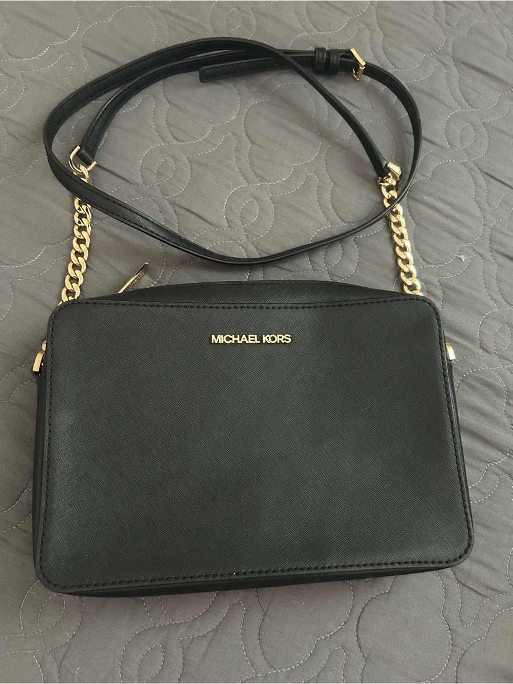 Michael Kors Black Leather Crossbody with Gold Chain